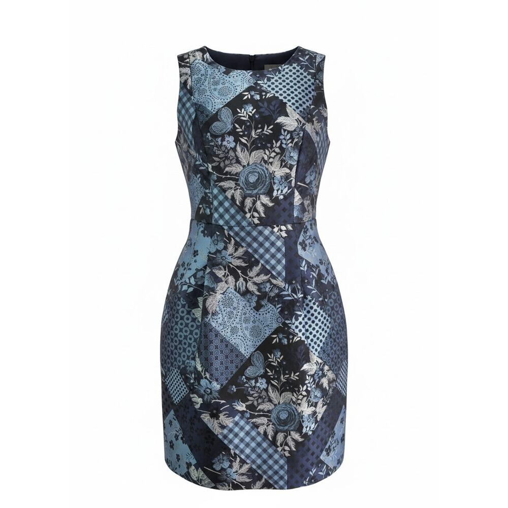 Vince Camuto Blue Black Patchwork Floral Fit & Flare Sleeveless Dress Size 0 EUC